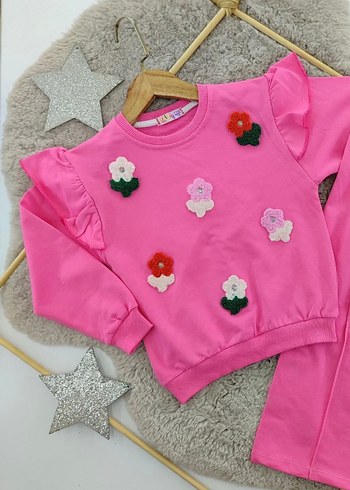Çiçek İşlemeli Pembe Kız Sweatshirt