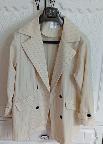 Zara Ekru Cizgili Cift Sirali Blazer Ceket