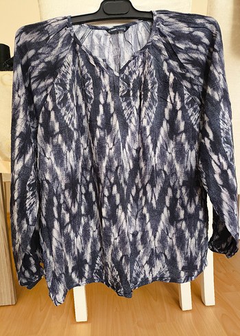 Bohem Gri Batik Desenli Keten Bluz