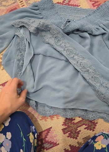 Dantel Detaylı Mavi Bohem Bluz - Görsel 4