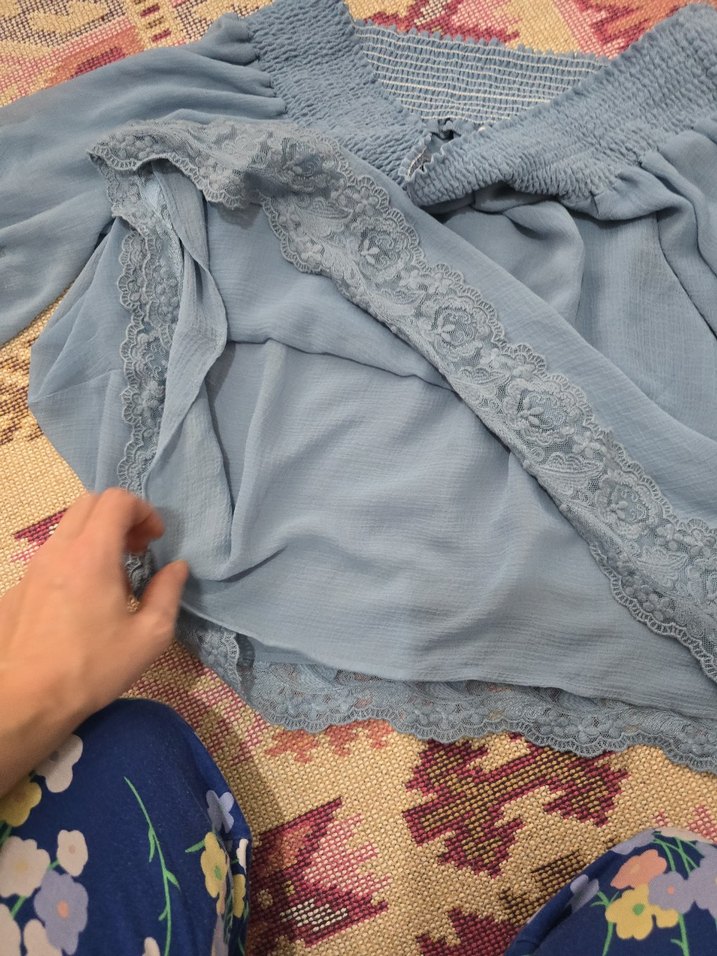 Dantel Detaylı Mavi Bohem Bluz - Görsel 4