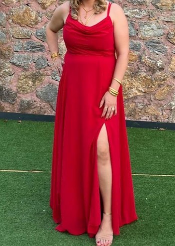 Kırmızı Uzun Drapeli Strappy Abiye