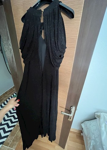 xl Beden Siyah Uzun Drapeli Yüksek Yakalı Elbise