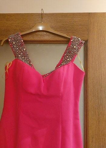 Pullu Askılı Uzun Pembe Abiye Elbise - Görsel 3