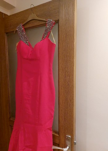 Pullu Askılı Uzun Pembe Abiye Elbise - Görsel 2