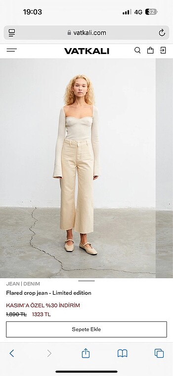 Diğer Vatkalı Krem Rengi Flared crop jean