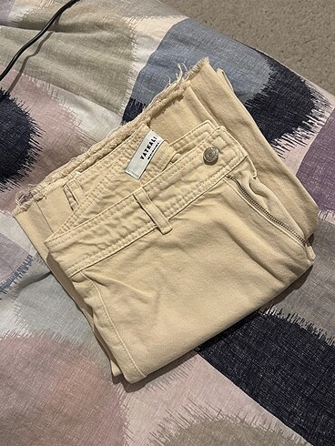 36 Beden camel Renk Vatkalı Krem Rengi Flared crop jean