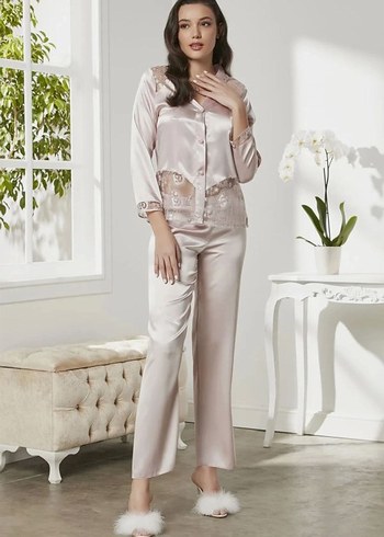 6 lı saten gecelik, pudra, sabahlık güpürlü - Görsel 7