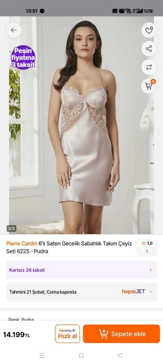 6 lı saten gecelik, pudra, sabahlık güpürlü - Görsel 4