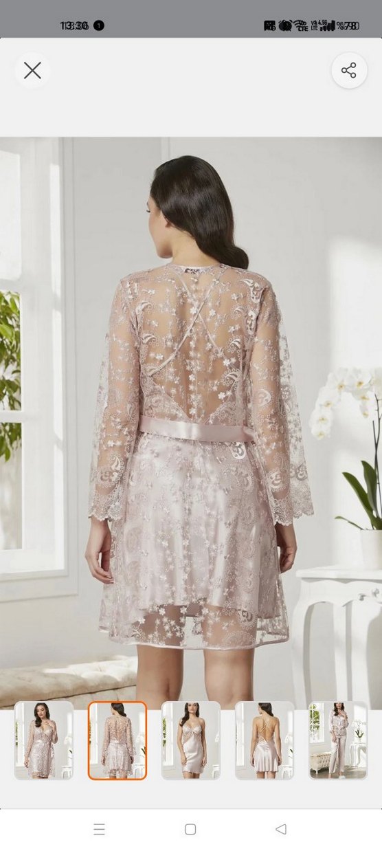 6 lı saten gecelik, pudra, sabahlık güpürlü - Görsel 2