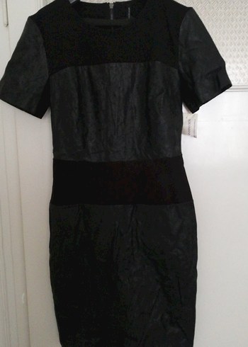 Boydan fermuarlı,Siyah deri detaylı Gri Mini Elbise - Görsel 11