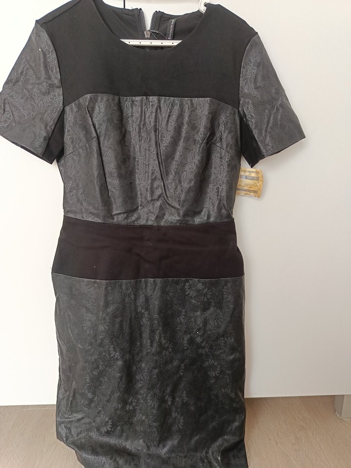 Boydan fermuarlı,Siyah deri detaylı Gri Mini Elbise - Görsel 2