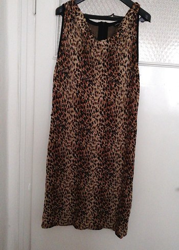 Kahverengi Leopar Desenli, triko kumaş Kolsuz Midi Elbise - Görsel 14