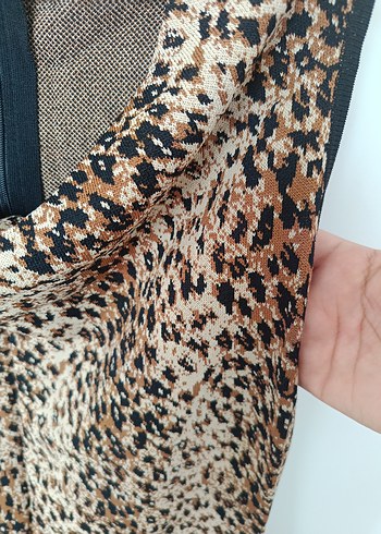 Kahverengi Leopar Desenli, triko kumaş Kolsuz Midi Elbise - Görsel 5