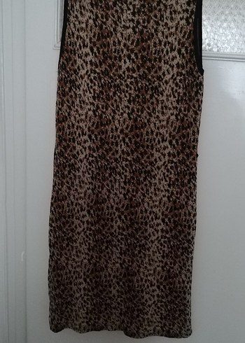 Kahverengi Leopar Desenli, triko kumaş Kolsuz Midi Elbise - Görsel 12