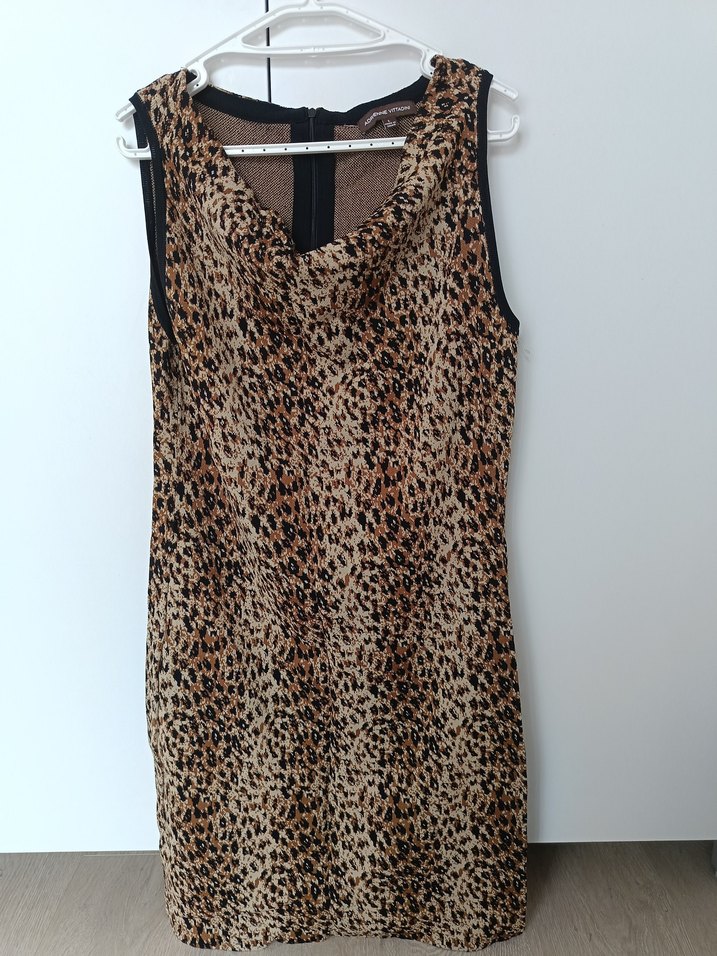 Kahverengi Leopar Desenli, triko kumaş Kolsuz Midi Elbise - Görsel 2