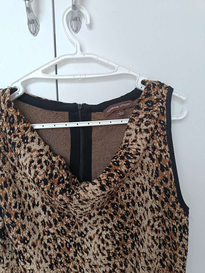 Kahverengi Leopar Desenli, triko kumaş Kolsuz Midi Elbise - Görsel 4