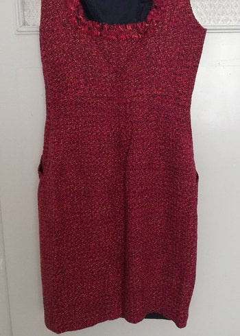 Düğmeli Bordo koyu pembe ,kaşe kumaş,boncuk işlemeli Midi Elbise - Görsel 12