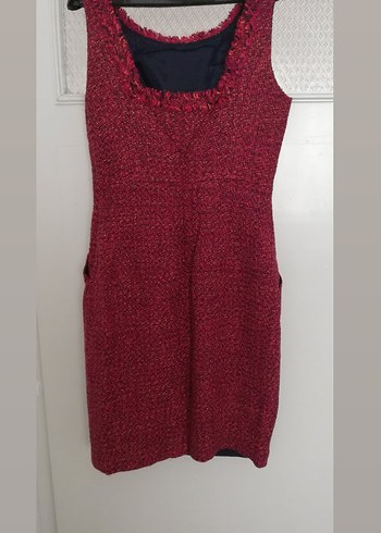 Düğmeli Bordo koyu pembe ,kaşe kumaş,boncuk işlemeli Midi Elbise - Görsel 17