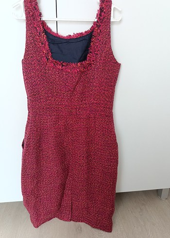 Düğmeli Bordo koyu pembe ,kaşe kumaş,boncuk işlemeli Midi Elbise - Görsel 8