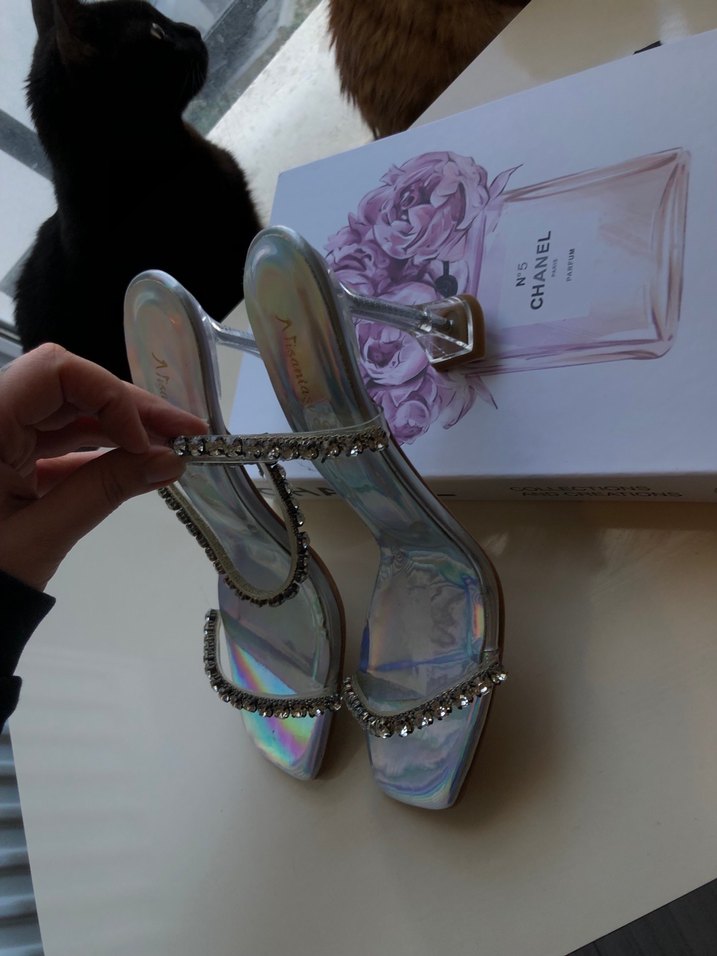 Işıltılı Cam Topuklu Kadın Abiye Ayakkabı - Görsel 2