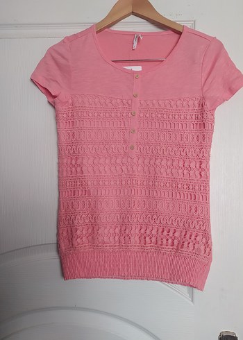 Kız Çocuk Pembe Kısa Kollu Triko Tişört - Görsel 2