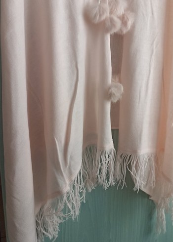 xl Beden Pembe Midi Poncho, Tüy Detaylı, Bohem Tarz