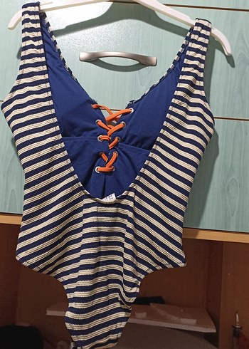 Lacivert Çizgili Bağcıklı Kadın Mayo - Görsel 3