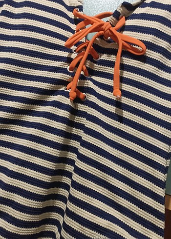 Lacivert Çizgili Bağcıklı Kadın Mayo - Görsel 5