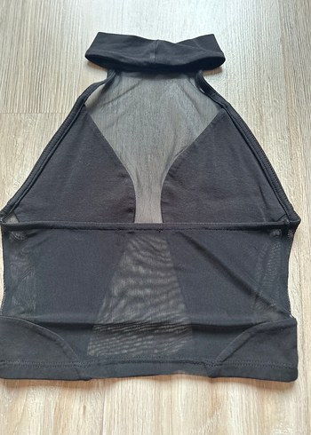 Diğer Siyah Yüksek Yakalı Drapeli Transparan Crop Top