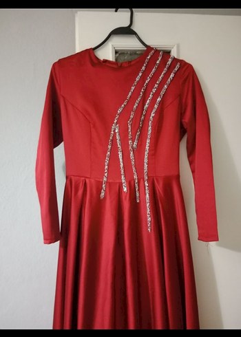 Bordo Uzun Kollu İşlemeli Kadın Elbise - Görsel 2