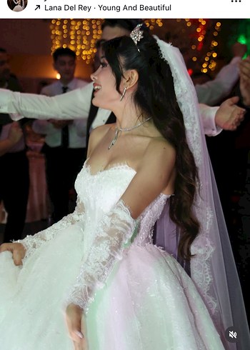 Uzun Kollu Straplez Prenses dantelli Gelinlik - Görsel 5