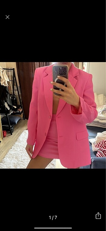 Vatkalı marka Astarlı pembe keten blazer ve etek takım