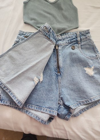 Mavi Düğmeli Kadın Mini Denim Şort etek - Görsel 5