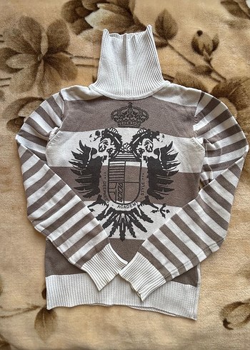 Vintage Kahverengi Dik Yaka Kadın Triko Kazak - Görsel 2