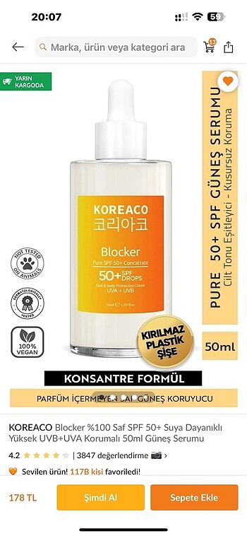 Koreaco marka 50 SBF korumalı güneş serumu