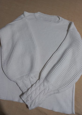 Beyaz  Basic Yuvarlak yaka kolları örgü model kazak - Görsel 3