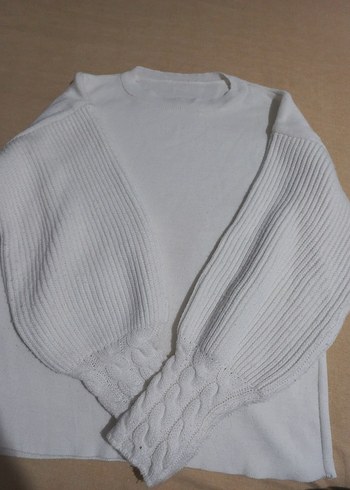 Beyaz  Basic Yuvarlak yaka kolları örgü model kazak - Görsel 2