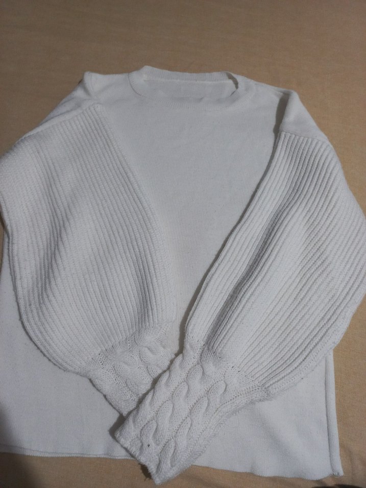 Beyaz  Basic Yuvarlak yaka kolları örgü model kazak - Görsel 2