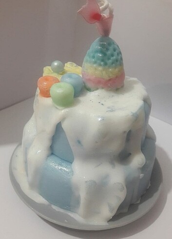 Pamuk şeker kokulu soyawax 2 katlı yaşpasta mum  - Görsel 4