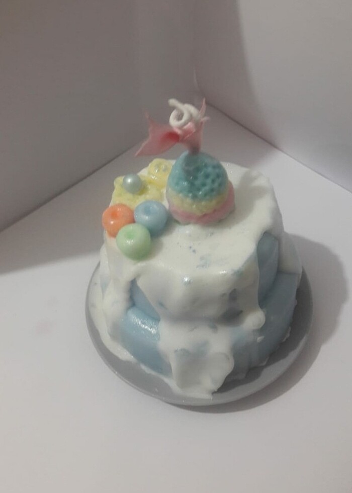 Pamuk şeker kokulu soyawax 2 katlı yaşpasta mum  - Görsel 5