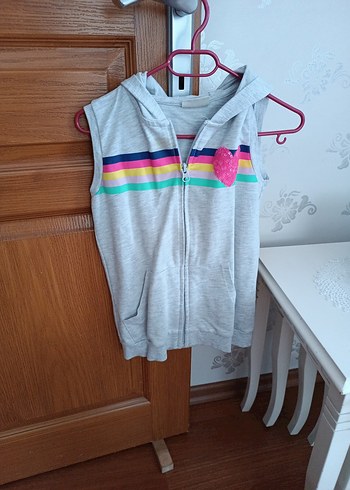 Kız Çocuk Gri Kapüşonlu Fermuarlı Yelek - Görsel 2