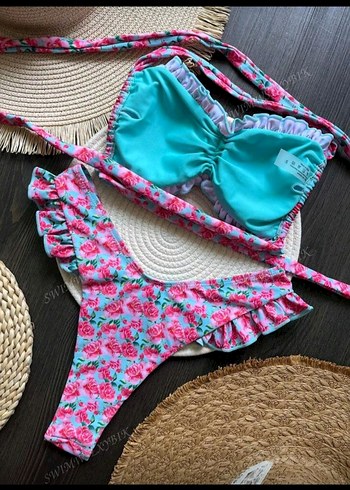 Pembe Fırfırlı Mini Bağlama Desenli Bikini - Görsel 6