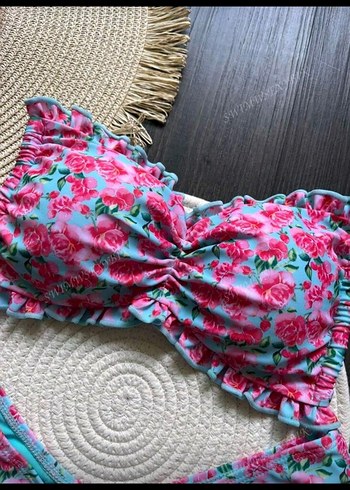 Pembe Fırfırlı Mini Bağlama Desenli Bikini - Görsel 5