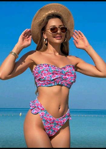 Pembe Fırfırlı Mini Bağlama Desenli Bikini - Görsel 7