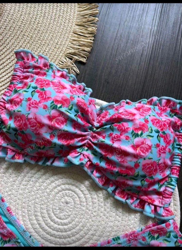 Pembe Fırfırlı Mini Bağlama Desenli Bikini - Görsel 5