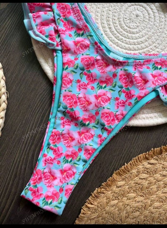 Pembe Fırfırlı Mini Bağlama Desenli Bikini - Görsel 4