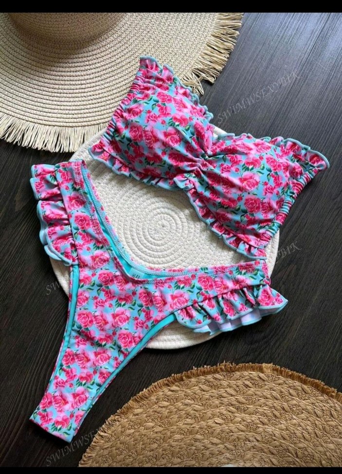 Pembe Fırfırlı Mini Bağlama Desenli Bikini - Görsel 3