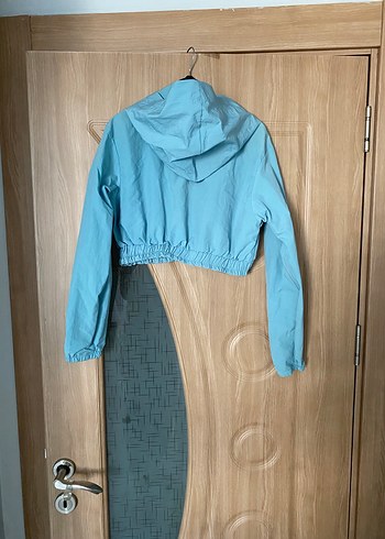 Mavi Kapüşonlu Kısa Kadın Ceket - Görsel 5