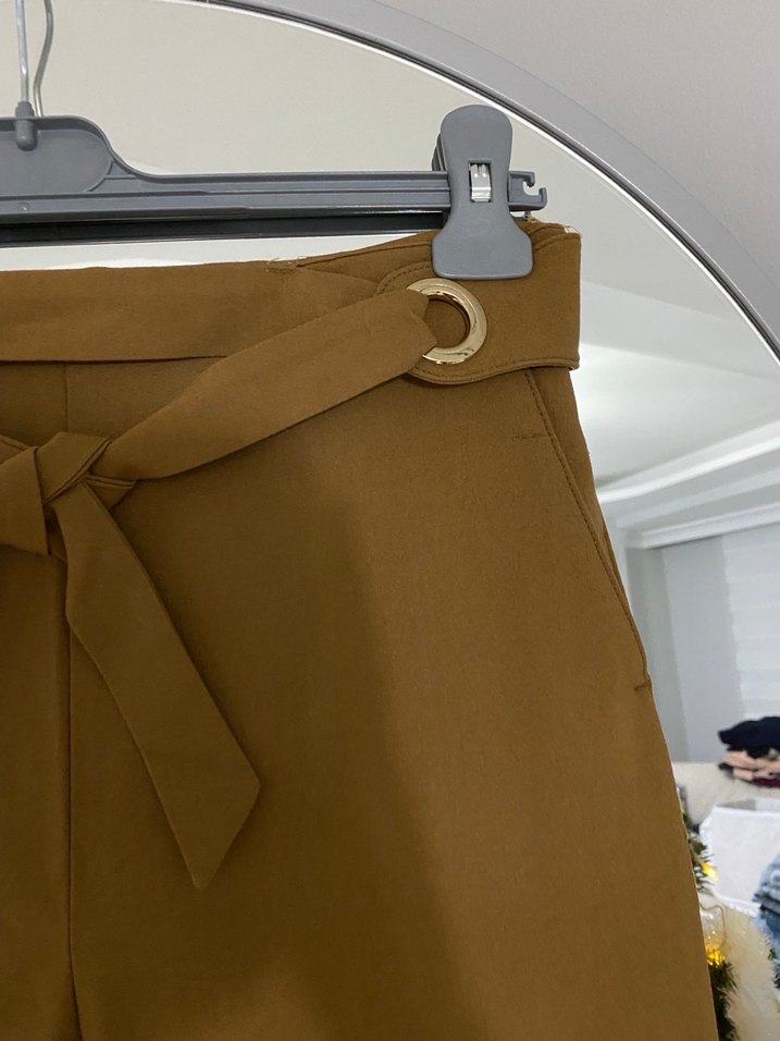 Beli Kuşaklı Bej  Kadın Kumaş Pantolon - Görsel 3